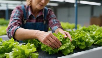Harvesting fresh lettuce in a greenhouse agriculture food production indoor environment close-up view sustainable practices photo