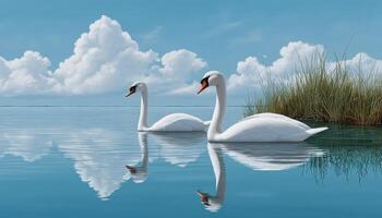 Graceful swans swimming in tranquil lake nature scene clear sky serene environment peaceful viewpoint photo