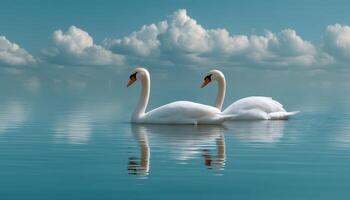 Swans swimming gracefully in calm waters serene nature scene tranquil environment wide-angle view photo