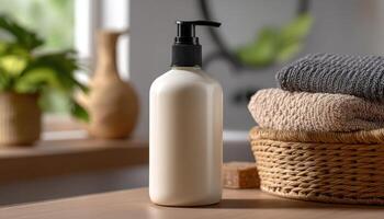 Moisturizing lotion bottle on wooden table with towels cozy bathroom setting natural light relaxation concept photo