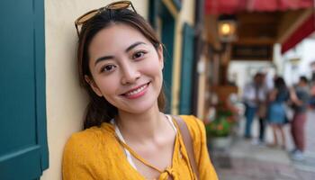 Smiling young woman urban street portrait photography colorful environment close-up joyful expression photo