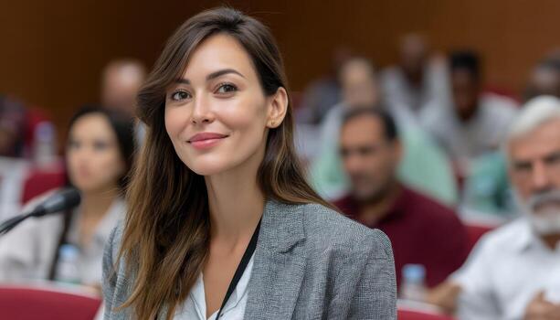 Business conference networking event auditorium image of attendee professional environment close-up view empowerment photo