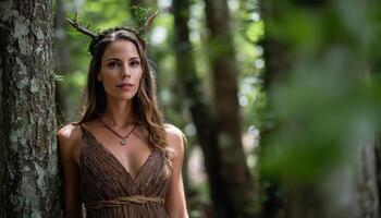 Enchanting forest scene featuring a woman with antlers nature setting portrait photography mystical atmosphere photo