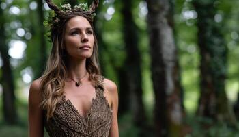 Enchanting forest scene nature-inspired fashion woodland portrait photography ethereal atmosphere close-up fantasy concept photo