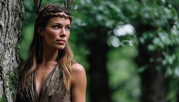 Enchanting forest scene with woman in natural attire lush greenery portrait photography serene environment photo