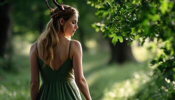 Enchanting forest walk nature portrait photography serene environment back view whimsical atmosphere photo