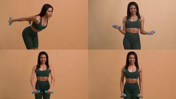 A fit African American woman engages in a series of strength training exercises using dumbbells. This workout emphasizes upper body movements including rows and lateral raises. video