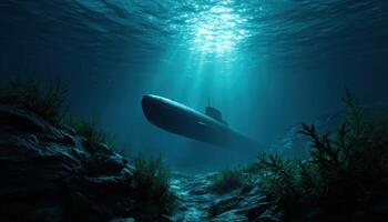 Underwater exploration of a submarine ocean depths digital art mysterious environment dramatic lighting photo