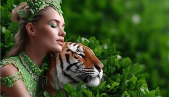 Enchanting interaction between model and tiger in lush greenery fantasy shoot nature close-up wildlife concept photo