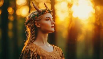 Enchanting forest scene featuring a mystical woman in nature portrait style golden hour lighting photo