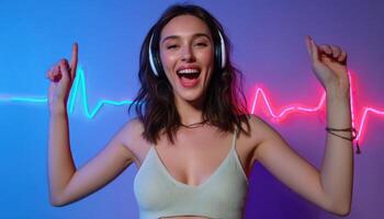 Energetic dance party scene indoor location image of joyful woman vibrant environment upbeat viewpoint music concept photo