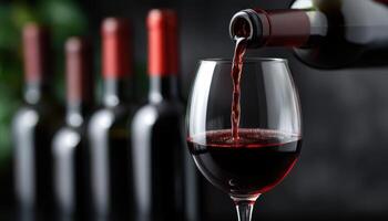Pouring red wine into a glass at a wine tasting event indoor bar drink photography elegant atmosphere close-up view photo