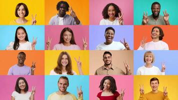 A diverse group of happy individuals poses against vibrant backgrounds, each making a V gesture, expressing feelings of victory and success while radiating positivity and joy. video
