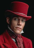 Elegant male performer in red attire theatrical setting portrait photography dramatic lighting captivating expression photo
