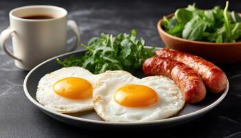 Delicious breakfast plates featuring eggs and sausages kitchen table food photography cozy atmosphere top-down view photo