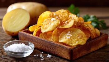 Crispy potato chip tasting event kitchen food photography rustic close-up delicious snack creation photo