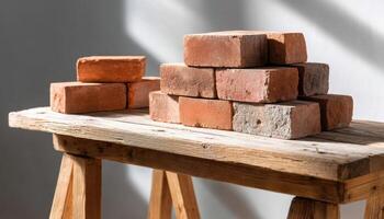 Building progress stacked bricks on wooden table interior setting construction concept minimalist view photo
