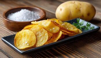 Crispy potato chips preparation kitchen food photography cozy close-up delicious snack creation photo