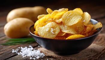 Crispy potato chips recipe kitchen food photography rustic setting close-up delicious snack ideas photo