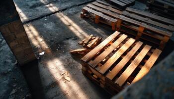 Wooden pallet arrangement warehouse photography industrial environment ground level light and shadows photo