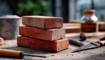 Brick stacking workshop construction site image indoor close-up craftsmanship techniques photo