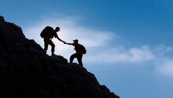 Adventure seekers helping each other mountain range photography natural landscape silhouetted view teamwork concept photo