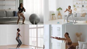 A dynamic collection showcasing diverse women participating in various fitness workouts at home. Each is focused on maintaining a healthy lifestyle through exercise routines. video