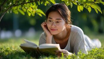 Reading a book under a tree park lifestyle photography natural setting close-up relaxation photo