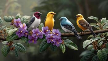 Colorful birds perched on a flowering branch tropical forest nature photography vibrant environment close-up view wildlife beauty photo