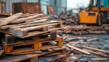 Forklift operation with wooden pallets in industrial warehouse setting focus on stacked pallets photo