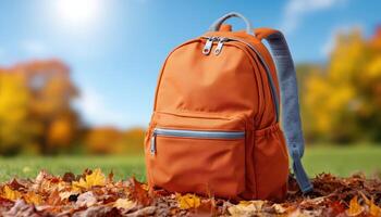 Autumn adventure orange backpack amidst colorful leaves outdoor park photography fall day close-up perspective photo