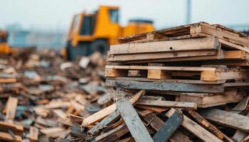 Wooden pallet stacking operation warehouse industrial scene construction zone wide shot material handling photo