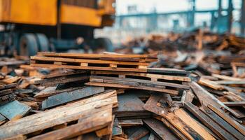 Wooden pallet stacks at industrial site construction zone close-up photography urban environment photo