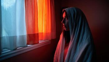 Emotional reflection of a woman in a dimly lit room captured in a portrait style intimate viewpoint photo