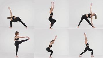 Woman perform various workout routines in a bright training studio, demonstrating flexibility and strength through dynamic poses and movements. Promote a healthy lifestyle. video