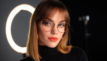 Stylish portrait of a model with glasses studio setting fashion photography contemporary environment close-up beauty concept photo