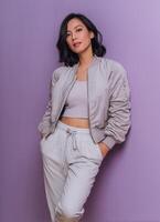 Stylish woman in casual outfit modern studio fashion photography trendy environment close-up chic aesthetic photo