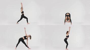 A collection of four different athletic poses highlights a fit individual performing various exercises. The focus is on strength training and flexibility in a minimalist indoor setting. video