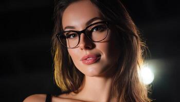 Captivating portrait of a stylish woman with glasses studio setting professional photography dramatic lighting intimate close-up photo