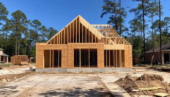 Construction progress of a wooden house suburban area image daylight wide angle building concept photo