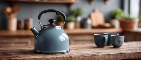 Boiling water preparation with a vintage kettle cozy kitchen product photography warm atmosphere close-up home comforts photo