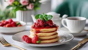 Indulging in delicious pancakes with strawberry sauce indoor cozy setting close-up food photography culinary delight experience photo