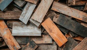 Wooden planks piled together workshop setting natural material rustic environment overhead view crafting concept photo