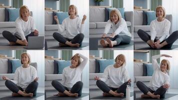 In a cozy indoor setting, a senior woman practices various exercises and relaxation techniques on a yoga mat. Her focus showcases a commitment to fitness and overall well-being. video