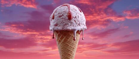 Delicious ice cream cone sunset sky food photography outdoor setting close-up view summertime treat photo