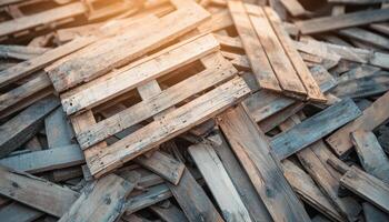 Wooden pallet stacks in urban environment industrial scene close-up view textured details photo