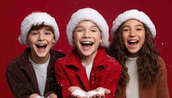 Joyful children celebrating christmas indoor setting portraits festive environment close-up view holiday cheer photo