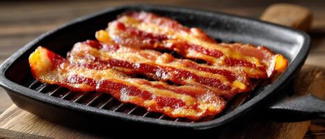 Crispy bacon cooking on a grill kitchen countertop food photography rustic environment close-up view delicious concept photo