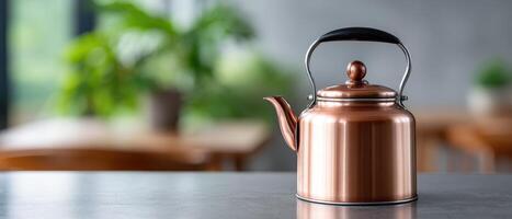 Boiling water action with copper kettle modern kitchen still life photo cozy environment close-up view home concept