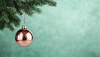 Decorative christmas ornament hanging from pine branch festive atmosphere close-up view holiday concept photo